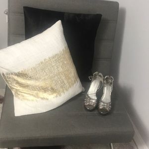 Bronze and silver peep toe heels